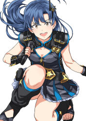  1girl :d belt belt_buckle black_belt black_gloves black_socks blue_hair breasts brown_eyes buckle cleavage cleavage_cutout clothing_cutout commentary_request dress fingerless_gloves floating_hair frilled_dress frills gloves grey_dress hair_between_eyes highres holding holding_microphone idolmaster idolmaster_(classic) kisaragi_chihaya kneehighs long_hair looking_at_viewer microphone on_one_knee open_mouth short_dress simple_background sleeveless sleeveless_dress small_breasts smile socks solo tsurui variant_set very_long_hair white_background 