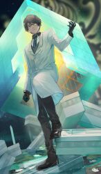  1boy arm_at_side black_boots black_gloves black_hair black_necktie black_pants blue_necktie boots brown_eyes buttons closed_lab_coat closed_mouth coat collared_shirt commentary cube dutch_angle expressionless fate/extra fate/grand_order fate_(series) foot_up from_below fuyuomi glasses gloves grey_vest hair_between_eyes hand_up lab_coat lapels looking_at_viewer looking_down male_focus necktie notched_lapels official_art opaque_glasses pants partially_opaque_glasses pinstripe_pants pinstripe_pattern pinstripe_shirt rectangular_eyewear ruins saver_(fate/extra) shirt short_hair silhouette solo standing striped_clothes third-party_source twice_h_pieceman vertical-striped_clothes vertical-striped_necktie vest white_coat white_shirt wing_collar 