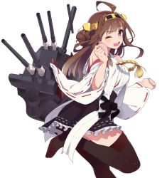 1girl ;d ahoge bare_shoulders blush boots brown_hair commentary detached_sleeves double_bun female_focus hair_bun hairband headgear high_heel_boots high_heels japanese_clothes kantai_collection kongou_(kancolle) long_hair looking_at_viewer lunch_(shin_new) nontraditional_miko one_eye_closed open_mouth ribbon-trimmed_sleeves ribbon_trim simple_background skirt smile solo thigh_boots thighhighs white_background rating:Sensitive score:7 user:danbooru