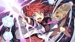  +_+ 1girl :d alternate_eye_color black_shirt breasts constricted_pupils cross crossed_legs drum drumsticks dust electricity feet_out_of_frame fingernails floating_hair gradient_eyes heterochromia highres holding holding_drumsticks horikawa_raiko index_finger_raised instrument inverted_cross jacket long_fingernails long_sleeves looking_at_viewer looking_up medium_breasts mitsudomoe_(shape) morino_hon motion_blur multicolored_eyes necktie open_clothes open_mouth orange_eyes pink_necktie plaid_clothes plaid_shirt pointing purple_eyes red_hair shirt short_hair sitting sitting_on_drum smile solo spinning symbol-shaped_pupils tomoe_(symbol) touhou v-shaped_eyebrows white_jacket  rating:General score:3 user:danbooru