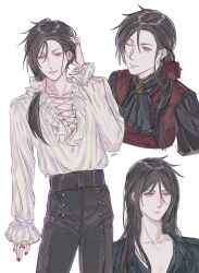  ascot black_hair black_shirt earrings ena33333333 hair_between_eyes highres jewelry kuroshitsuji long_hair looking_at_viewer male_focus ouji_fashion pale_skin pants ponytail red_eyes red_vest sebastian_michaelis shirt smile vest victorian white_shirt 