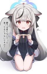  1girl absurdres animal_ears blue_archive blue_halo blush breasts brown_eyes china_dress chinese_clothes clothing_cutout commentary_request dress grey_hair halo highres holding_bandaid jacket kokona_(blue_archive) loli long_hair looking_at_viewer multicolored_hair open_mouth polka_dot small_breasts solo speech_bubble streaked_hair striped_clothes striped_dress striped_jacket sweatdrop thighs toki_kimagure translation_request vertical-striped_clothes vertical-striped_dress very_long_hair white_background 