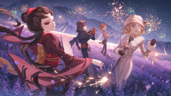  2boys 2girls :3 absurdres aerial_fireworks animal_on_arm belt belt_pouch bird bird_on_arm black_eyes black_hair black_shirt blindfold blonde_hair blue_capelet blue_eyes blue_pants blue_robe brown_belt brown_gloves brown_hair button_eyes buttons cane capelet chain chain_leash chinese_commentary cloche_hat closed_mouth coat coat_dress collar covered_eyes dress eli_clark evelyn_mora expressionless eyeshadow facial_mark feet_out_of_frame field fireworks flower flower_field folding_fan fur-trimmed_coat fur-trimmed_sleeves fur_trim gloves hair_between_eyes hair_over_one_eye hair_pulled_back hand_fan hand_up hat highres hikimayu holding holding_cane holding_fan holding_fireworks hood hood_up hooded_robe identity_v japanese_clothes jewelry kimono lapels lavender_(flower) leash long_hair long_sleeves looking_up luca_balsa makeup medium_hair michiko_(identity_v) mountain multiple_boys multiple_girls necklace night night_sky nihongami notched_lapels obi outdoors owl pants pearl_necklace pink_lips ponytail pouch prison_clothes profile purple_flower red_eyeshadow red_kimono red_lips robe sash shirt short_hair short_ponytail sky smile solid_eyes sparkler standing striped_clothes striped_shirt tian_yanyan white_coat white_gloves white_hat white_shirt 