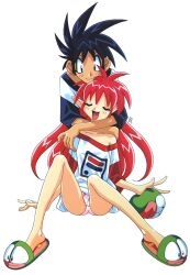  1990s_(style) 1boy 1girl arara_milk baba_lamune black_eyes black_hair closed_eyes hug hug_from_behind kotobuki_tsukasa looking_at_viewer non-web_source off_shoulder official_art open_mouth panties pink_panties red_hair retro_artstyle simple_background sitting slippers smile spiked_hair tama-q underwear vs_knight_lamune_&amp;_40_fire white_background 