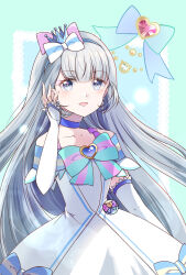  1girl blue_bow blue_choker blue_crown bow brooch choker collarbone crown cure_nyammy detached_sleeves dress dress_bow grey_eyes grey_hair hair_bow heart heart_brooch highres jewelry light_blush long_hair long_sleeves looking_at_viewer open_mouth pink_bow precure siquartz22 smile solo striped_bow very_long_hair wonderful_precure! 