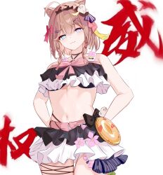 1girl :3 absurdres ahoge bare_shoulders bikini bikini_skirt black_bikini black_hairband blue_eyes blunt_bangs breasts brown_hair chinese_commentary commentary_request frilled_bikini frills green_eyes hairband heterochromia highres honkai_(series) honkai_impact_3rd looking_at_viewer medium_breasts navel official_alternate_costume pardofelis pardofelis_(midsummer_collector) qianying short_hair simple_background solo stomach swimsuit thighs translation_request white_background 