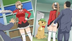 1boy 1girl age_difference amagi_brilliant_park ass ass_grab assisted_exposure at_gunpoint black_skirt blurry bookcase box breasts brown_eyes brown_hair cardboard_box censored censored_identity clothes_lift cottage depth_of_field door dutch_angle green_headwear groping gun hair_ribbon hand_on_own_hip high_ponytail highres indoors large_breasts long_hair moffle panties pleated_skirt ponytail ribbon sento_isuzu skirt skirt_lift stealth_ass_grab tagme thighhighs ugly_bastard underwear weapon white_panties zettai_ryouiki rating:Questionable score:51 user:UltraPerv88