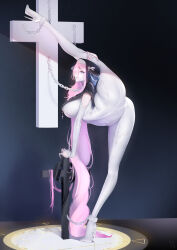  1girl absurdly_long_hair absurdres bdsm bodysuit bondage bound bound_ankles bound_wrists breasts bridal_gauntlets chain chained contortion cross cross_necklace cuffs dark_background flexible habit high_heels highres holding_leg hood hood_up jewelry large_breasts long_hair necklace nun original oversplit parted_lips pink_eyes pink_hair restrained shackles signature simple_background solo split standing standing_on_one_leg standing_split thighs very_long_hair white_bodysuit zemzeq  rating:Sensitive score:56 user:danbooru