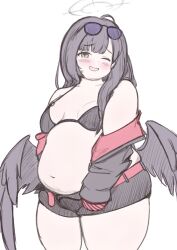 1girl belly belt bikini bikini_top_only black_bikini black_hair black_shorts black_wings blue_archive blush breasts fat fat_woman feathered_wings grey_eyes halo ichika_(blue_archive) ichika_(swimsuit)_(blue_archive) long_hair low_wings navel one_eye_closed open_mouth short_shorts shorts small_breasts smile solo standing sunglasses sunglasses_on_head sweat swimsuit wawawaltz white_background wings wink