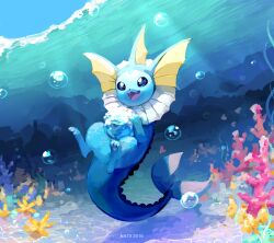  air_bubble animal_focus artist_name blue_eyes bubble coral dated fangs gen_1_pokemon highres looking_at_viewer natx-chan nintendo no_humans open_mouth pokemon pokemon_(creature) signature smile solo underwater vaporeon water  rating:General score:2 user:danbooru