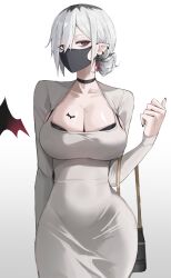  1girl absurdres arm_behind_back bag bat_tattoo black_bra black_choker black_hair black_mask bra bra_peek breast_tattoo breasts channyy19 choker cleavage commentary covered_mouth cowboy_shot cross cross_earrings demon_wings detached_wings dongtan_dress double-parted_bangs dress ear_chain ear_piercing earrings grey_dress grey_hair hair_between_eyes hair_bun hands_up highres jewelry large_breasts linked_piercing long_sleeves looking_at_viewer mask meme_attire mole mole_on_breast mole_under_eye mouth_mask multicolored_hair original piercing pointy_ears red_eyes riko_(channyy19) roots_(hair) shoulder_bag shrug_(clothing) simple_background single_hair_bun single_wing solo standing tattoo taut_clothes taut_dress tight_clothes tight_dress underwear white_background wings 