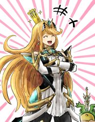  1boy 1girl aegis_sword_(xenoblade) black_pantyhose blonde_hair closed_eyes cowboy_shot crossed_arms crown donkey_kong_(series) highres kicdon king_k._rool long_hair mythra_(massive_melee)_(xenoblade) mythra_(xenoblade) nintendo open_mouth pantyhose smile solo_focus sparkle super_smash_bros. v-shaped_eyebrows very_long_hair xenoblade_chronicles_(series) xenoblade_chronicles_2 
