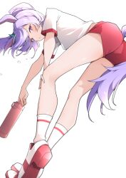  1girl absurdres airenif animal_ears blush buruma closed_mouth gourd gym_shirt highres holding holding_gourd horse_ears horse_girl looking_at_viewer mejiro_mcqueen_(umamusume) ponytail purple_eyes purple_hair red_buruma shirt shoes simple_background socks solo standing umamusume white_background white_shirt white_shoes white_socks 