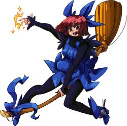  1girl black_pantyhose blue_boots blue_dress bob_cut boots bow broom broom_riding carrotbro cosplay cotton_(character) cotton_(game) dress flying gunbird hair_bow happy highres holding holding_broom magic marion marion_(cosplay) open_mouth pantyhose red_eyes red_hair short_hair sparkle teeth tongue transparent transparent_background witch  rating:General score:7 user:danbooru