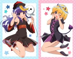 2girls :d ;d absurdres balloon bandaged_head bandages bare_shoulders black_dress black_footwear black_sleeves blonde_hair blue_border blunt_bangs blush border breasts chinese_clothes collarbone commentary_request demon_girl demon_horns demon_tail detached_sleeves dress fake_horns fake_tail fang floral_print frills full_body furude_rika hairband halloween_costume hands_on_own_cheeks hands_on_own_face hands_up happy hat highres higurashi_no_naku_koro_ni holding holding_balloon horns houjou_satoko jiangshi_costume long_hair long_sleeves looking_at_viewer mashimaro_tabetai multiple_girls ofuda one_eye_closed open_mouth outside_border pink_border polka_dot polka_dot_border print_sash purple_dress purple_eyes purple_hair purple_hairband qingdai_guanmao red_footwear red_sash sash shoes short_hair short_sleeves sleeveless sleeveless_dress smile star_(symbol) tail two-tone_dress white_background wide_sleeves rating:Sensitive score:8 user:danbooru
