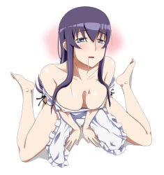 1girl apron barefoot blue_eyes blush breasts busujima_saeko cleavage downblouse drooling feet female_focus highschool_of_the_dead large_breasts long_hair long_legs naked_apron purple_eyes purple_hair saliva sexually_suggestive sitting solo wariza yoshida_keiji rating:Questionable score:94 user:Princess_of_Hoenn
