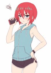  &gt;:( 1girl amate_yuzuriha bare_arms bare_shoulders black_shorts blue_eyes blue_jacket blush breasts cellphone closed_mouth commentary_request dolphin_shorts gundam gundam_gquuuuuux hand_up highres holding holding_phone hood hood_down hooded_jacket jacket light_frown phone prophosphere red_hair short_shorts shorts signature simple_background sleeveless sleeveless_jacket small_breasts solo squiggle v-shaped_eyebrows white_background 