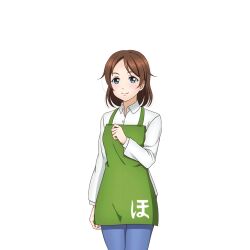  1girl apron arm_at_side blue_eyes blue_pants blush breasts brown_hair closed_mouth collared_shirt cowboy_shot green_apron hand_on_own_chest kosaka_honoka&#039;s_mother long_sleeves looking_at_viewer love_live! love_live!_school_idol_festival love_live!_school_idol_project mature_female medium_breasts medium_hair official_art pants parted_bangs shirt smile solo standing tachi-e transparent_background white_shirt 
