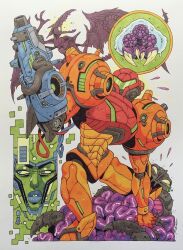  1girl arm_cannon armor assault_visor commentary english_commentary green_visor helmet highres intestines metroid metroid_(creature) metroid_larva nintendo ohnosam power_armor power_suit_(metroid) ridley samus_aran varia_suit weapon 