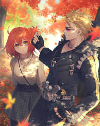  1boy 1girl autumn autumn_leaves black_jacket black_pants blonde_hair fate/grand_order fate_(series) fingerless_gloves fujimaru_ritsuka_(female) gloves hair_ornament hair_scrunchie highres holding holding_leaf jacket jewelry leaf long_sleeves maple_leaf necklace orange_hair outdoors pants sakata_kintoki_(fate) scrunchie short_hair sunglasses sweater zanshi 