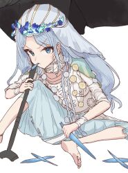  &gt;:( 1girl barefoot blue_cape blue_eyes blue_hair braid cape dress eating elden_ring elden_ring_nightreign feet flower_wreath food food_in_mouth gameplay_mechanics hammer highres holding holding_food holding_hammer huge_weapon jewelry knee_up low_twin_braids mosuroshyu over_shoulder revenant_(elden_ring) sitting solo twin_braids v-shaped_eyebrows veil weapon weapon_over_shoulder white_background white_dress white_veil 