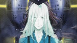  1boy black_eyes black_overalls blue_shirt brown_hair dying exoskeleton eyes_visible_through_hair fukuda_tomonori game_cg glitch highres kimijima_kou long_hair mecha_interior narrowed_eyes non-web_source official_art open_collar overalls pale_skin robotics;notes science_adventure senomiya_misaki shirt 