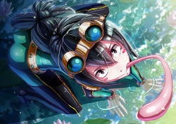  108tooya 10s 1girl :&gt; all_fours ass asui_tsuyu belt black_eyes black_hair blush blush_stickers bodysuit boku_no_hero_academia boots eyebrows eyelashes female_focus flower frog_girl gloves goggles goggles_on_head hair_between_eyes kneeling long_hair long_tongue lotus low-tied_long_hair partially_submerged solo split-toe_footwear thigh_boots thighhighs tongue tongue_out water wrist_cuffs 