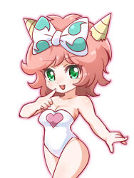  1041_(toshikazu) 1girl bare_shoulders bow breasts cleavage doteraman green_eyes hair_bow horns leotard medium_hair pink_hair simple_background small_breasts solo standing suzuki_manami white_background yellow_horns 