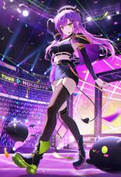  1girl absurdres alternate_costume arm_up asymmetrical_footwear asymmetrical_legwear belt beret bibi_(tokoyami_towa) black_belt black_boots black_hat black_nails black_thighhighs boots breasts closed_mouth commentary concert confetti demon_tail ear_chain earclip fake_horns fold-over_boots full_body garter_straps glowstick green_eyes hair_ornament hairclip hat headset high-waist_skirt highres hololive horned_headwear horns indoors jewelry lace-up_boots leg_tattoo light_smile linked_piercing long_hair looking_at_viewer medium_breasts midriff miniskirt mismatched_footwear nail_polish navel over-kneehighs penlight_(glowstick) piercing pink_hair purple_hair ring shoes side_cape sidelocks single_garter_strap single_over-kneehigh single_thighhigh skirt smile solo star-ring symbol-only_commentary tail tail_ornament tail_piercing tattoo thighhighs tokoyami_towa uneven_legwear virtual_youtuber 