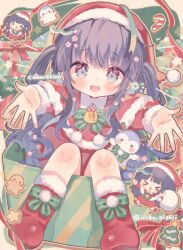 &gt;_&lt; 1girl :d bell bird blunt_bangs blush blush_stickers boots bow bowtie box candy candy_cane capelet chibi commentary commission dress food footwear_bow full_body fur-trimmed_boots fur-trimmed_capelet fur-trimmed_headwear fur-trimmed_sleeves fur_trim green_bow green_bowtie hat highres in_box in_container indie_virtual_youtuber kamizakana_iriko long_hair long_sleeves looking_at_viewer neck_bell open_mouth outstretched_arms penguin purple_eyes purple_hair red_boots red_capelet red_dress red_hat red_ribbon ribbon santa_costume santa_hat skeb_commission smile star_(symbol) twitter_username virtual_youtuber xd yuzuka_koya 