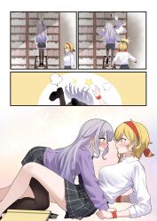  ! 2girls @_@ absurdres blonde_hair blush book bookshelf breasts eye_contact grey_hair highres hololive hololive_english hololive_indonesia kaela_kovalskia koseki_bijou library long_hair looking_at_another multiple_girls raikkonen virtual_youtuber yuri 