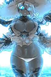  1girl abyssal_ship black_gloves black_scarf blue_eyes breasts colored_skin commentary_request cowboy_shot dress gloves glowing glowing_eyes gluteal_fold hair_over_one_eye hat highres kantai_collection large_breasts long_hair navel ocean open_mouth oso_(toolate) pale_skin panties scarf seaport_summer_princess solo straw_hat sun_hat sundress underwear watermark white_dress white_hair white_hat white_panties white_skin 