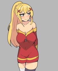  1girl blonde_hair blush bread_forbidden breasts clothes cosplay costume_switch darkness_(konosuba) embarrassed frown highres kono_subarashii_sekai_ni_shukufuku_wo! large_breasts long_hair looking_to_the_side ponytail solo tagme  rating:General score:21 user:Slaver_Skald
