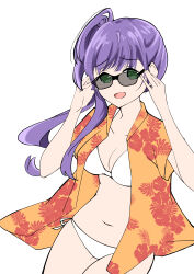  1girl :d absurdres alternate_costume bikini bikini_under_clothes breasts cleavage collarbone collared_shirt commentary corocoro567 cowboy_shot hair_bun hawaiian_shirt highres link!_like!_love_live! looking_at_viewer love_live! medium_breasts navel open_clothes open_mouth open_shirt orange_shirt otomune_kozue raised_inner_eyebrows shirt short_sleeves side-tie_bikini_bottom side_ponytail simple_background single_side_bun smile solo standing stomach sunglasses swimsuit virtual_youtuber white_background white_bikini 