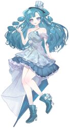  1girl :d ahoge aqua_hair blue_dress blue_nails blue_shoes bond_en bondlive colored_eyelashes dress frilled_dress frills full_body hat long_hair multi-tied_hair nail_polish official_art open_mouth purple_eyes shoes simple_background smile solo striped_hat tinsel_everclear top_hat transparent_background virtual_youtuber 