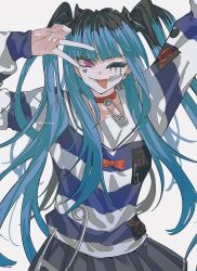  1girl amemiya_darumi arm_up black_eyeshadow black_hair blue_hair collarbone commentary_request eyeshadow grey_skirt highres ice_morinaka long_hair long_sleeves looking_at_viewer makeup mole mole_under_mouth multicolored_hair one_eye_closed pink_eyes pleated_skirt runny_makeup shirt simple_background skirt solo striped_clothes striped_shirt the_hundred_line_-last_defense_academy- tongue tongue_out two-tone_hair v very_long_hair white_background 