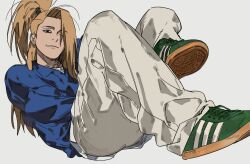  1boy blonde_hair blue_eyes blue_shirt chasenmage deidara_(naruto) dong2taku earrings green_footwear grey_background grey_pants highres jewelry long_hair male_focus naruto_(series) naruto_shippuuden pants shirt simple_background solo stud_earrings 