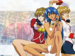 1990s_(style) 4girls aged_up agent_aika aika_(series) alternate_costume arm_up bare_shoulders bikini blue_hair breasts brooch brown_hair cleavage cosplay dark-skinned_female dark_skin delmo earrings female_focus floppy_disk glass grabbing_another&#039;s_hair green_eyes gun hair_up holding jewelry lipstick long_hair makeup miniskirt multiple_girls multiple_persona official_art open_mouth retro_artstyle shivie_aika sitting skin_tight skirt smile spread_legs standing sumeragi_aika swimsuit weapon white_delmo rating:Sensitive score:9 user:raikyaku