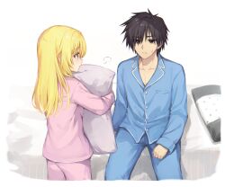  &gt;:( 1boy 1girl alternate_costume alternate_hairstyle black_hair blonde_hair blue_eyes blue_pajamas brother_and_sister brown_eyes buttons chitose_haruki chitose_sana closed_mouth cofetaru collarbone commentary cowboy_shot eyelashes eyes_visible_through_hair from_behind frown hair_between_eyes hair_down hair_intakes highres hugging_object indoors long_hair looking_at_another on_bed open_mouth pajamas pillow pillow_hug pink_pajamas profile puff_of_air sharp_teeth short_hair siblings simple_background sitting sleeves_past_wrists split_mouth standing straight_hair sweatdrop teeth tenshinranman v-shaped_eyebrows white_background 