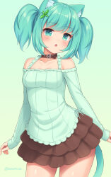  1girl animal_ear_fluff animal_ears aqua_cat_(sasaame) aqua_eyes aqua_hair bare_shoulders blush breasts brown_skirt cat_ears cat_girl cat_tail collarbone commentary cowboy_shot frilled_sweater frills highres long_sleeves looking_at_viewer medium_breasts medium_hair miniskirt off-shoulder_sweater off_shoulder original sasaame simple_background skirt sleeves_past_wrists solo sweater tail twintails twitter_username  rating:Sensitive score:6 user:danbooru