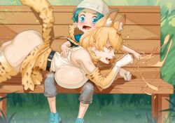  1boy 1girl absurdres animal_ears animal_print aqua_hair ass belt bench black_belt blue_eyes blue_footwear blue_shirt blush breast_press breasts breath catnip clothes_lift elbow_gloves gloves gradient_gloves hand_on_another&#039;s_back helmet highres huge_breasts ictiwinter kemono_friends kyururu_(kemono_friends) lying materclaws no_panties nose_blush on_stomach open_mouth orange_gloves orange_hair orange_skirt orange_thighhighs paw_pose serval_(kemono_friends) shirt short_hair shota sitting skindentation skirt skirt_lift sleeveless sleeveless_shirt smile sparkle thighhighs thighs white_gloves white_helmet white_shirt yellow_eyes  rating:Questionable score:214 user:danbooru
