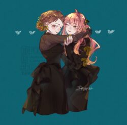  2girls anya_(spy_x_family) becky_blackbell blush brown_eyes brown_hair dress green_eyes hair_ornament hairpods heart highres hug looking_at_viewer multiple_girls pink_hair short_hair smile spy_x_family umini_ikukara yuri 