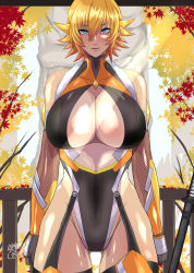  1girl artist_request blonde_hair breasts expressionless highleg highleg_leotard highres huge_breasts igawa_sakura kairaku_namakikurage leotard lips revealing_clothes shiny_skin standing taimanin_(series) taimanin_asagi taimanin_rpgx thong_leotard wide_hips 