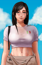  1girl alternate_costume arms_at_sides artist_name black_hair blue_sky blush brown_lips brown_pants choker closed_mouth cloud crop_top day earrings female_focus final_fantasy final_fantasy_vii final_fantasy_vii_remake gud0c highres italian_flag italian_senate_porn_livestream_(meme) italian_senate_porn_livestream_(meme) jewelry long_hair looking_at_viewer meme midriff navel pants red_eyes see-through_clothes shiny_clothes shiny_skin shirt short_sleeves single_sidelock sky smile solo square_enix stomach suspenders sweat swept_bangs taut_clothes taut_shirt tifa_lockhart toned upper_body wet wet_clothes wet_shirt white_shirt  rating:Sensitive score:61 user:danbooru