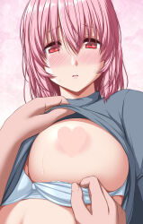  1girl absurdres areola_slip blue_bra blush bra bra_lift breasts censored censored_nipples clothes_lift grey_shirt heart heart_censor highres large_breasts medium_hair nori_tamago open_mouth pink_background pink_eyes pink_hair saigyouji_yuyuko shirt shirt_lift solo_focus sweat touhou underwear 