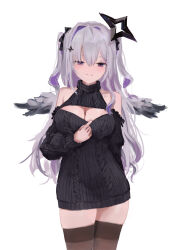  1girl amane_konata angel angel_wings bare_shoulders black_sweater black_thighhighs breasts cable_knit cleavage cleavage_cutout clothes_pull clothing_cutout diamond_hair_ornament grey_hair halo highres hololive large_breasts long_hair multicolored_hair purple_eyes purple_hair reddizen shirt_pull simple_background solo star_halo streaked_hair sweater thighhighs turtleneck turtleneck_sweater two_side_up virgin virtual_youtuber wings zettai_ryouiki 
