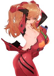  1girl adjusting_hair arched_back arms_up ass blush bodysuit breasts brown_hair closed_eyes collarbone cowboy_shot dressing from_side grandia_lee hair_ornament hair_tie_in_mouth hands_in_own_hair highres interface_headset long_hair mecha_pilot_suit medium_breasts mouth_hold neon_genesis_evangelion nipples nude_filter open_bodysuit open_clothes orange_hair perky_breasts red_bodysuit shiny_clothes simple_background skin_tight small_breasts solo souryuu_asuka_langley third-party_edit twisted_torso tying_hair undressing white_background 