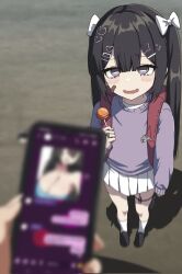  1boy 1girl backpack bag bag_charm bandaid bandaid_on_face black_hair blurry blurry_foreground blush bow breasts candy catfishing cellphone cellphone_photo center-flap_bangs charm_(object) depth_of_field discreet_vibrator fang food from_above hair_bow hair_ornament hairclip heart heart_hair_ornament highres holding holding_candy holding_food holding_lollipop holding_phone kyotomeru large_breasts loafers loli lollipop long_hair long_sleeves masturbation miniskirt open_mouth original outdoors phone pleated_skirt pov pov_hands purple_eyes purple_sweater randoseru red_bag sex_toy shoes skirt sleeves_past_wrists socks solo_focus star_(symbol) star_hair_ornament stealth_masturbation sweater symbol-shaped_pupils twintails twitter_username ume-chan_(kyotomeru) vibrator vibrator_in_thigh_strap vibrator_under_clothes wavy_mouth white_skirt white_socks 