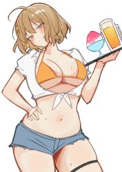  1girl absurdres ahoge alcohol anis_(nikke) beer beer_mug bikini blush breasts brown_eyes brown_hair cleavage closed_mouth cup denim denim_shorts food glass goddess_of_victory:_nikke highres holding holding_tray jewelry large_breasts looking_at_viewer mug navel nigi_(ngmnoym) shaved_ice shirt short_hair shorts simple_background solo stomach sweat sweatdrop swimsuit thighlet tied_shirt tray white_background white_shirt yellow_bikini yellow_eyes 