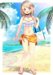  1girl :d bag bangle bare_arms bare_shoulders beach bikini blue_sky blurry blurry_background bracelet breasts brown_eyes brown_hair brown_sandals cleavage cloud collarbone commentary_request commission day depth_of_field dougo_izumi groin hand_up jewelry kou_hiyoyo looking_at_viewer medium_breasts navel onsen_musume open_mouth palm_tree sand sandals sarong skeb_commission sky smile solo standing swimsuit transparent tree water white_bikini 